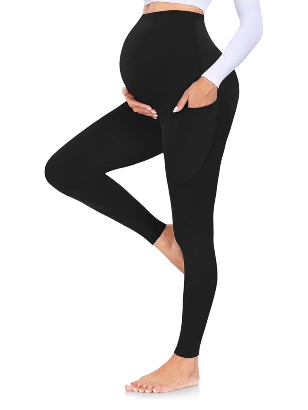 Maternity High-Waist Black Leggings with Side Pockets